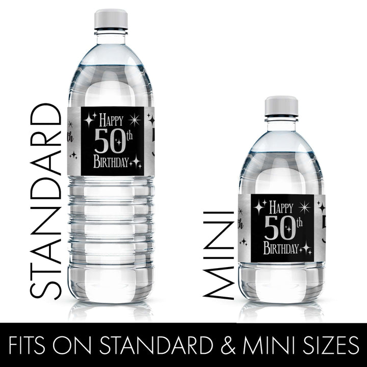 50th Birthday: Black and Silver Foil - Adult Birthday -  Water Bottle Label Stickers - 24 Waterproof Stickers - Distinctivs Party