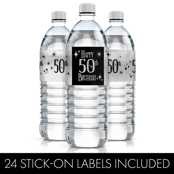 50th Birthday: Black and Silver Foil - Adult Birthday -  Water Bottle Label Stickers - 24 Waterproof Stickers - Distinctivs Party