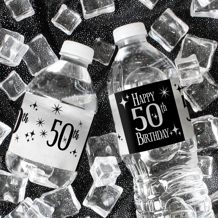 50th Birthday: Black and Silver Foil - Adult Birthday -  Water Bottle Label Stickers - 24 Waterproof Stickers