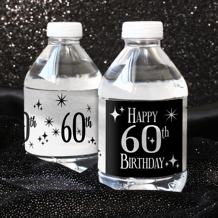 60.º cumpleaños: negro y plateado - Cumpleaños de adultos - Etiquetas adhesivas para botellas de agua - 24 pegatinas impermeables