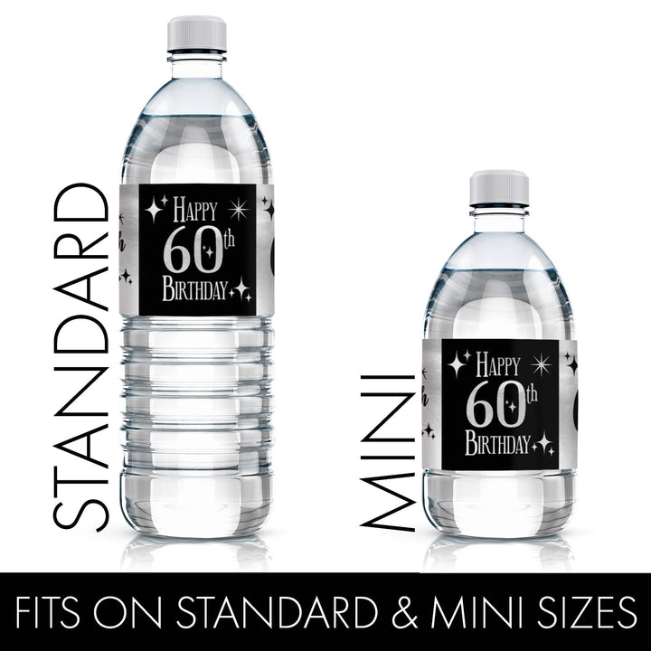 60th Birthday: Black and Silver - Adult Birthday -  Water Bottle Label Stickers - 24 Waterproof Stickers - Distinctivs Party