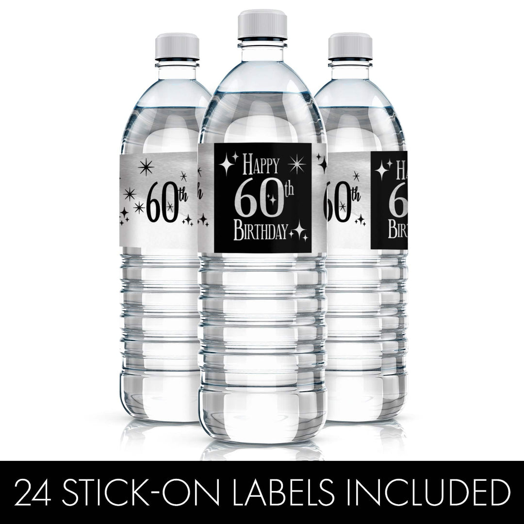 60th Birthday: Black and Silver - Adult Birthday -  Water Bottle Label Stickers - 24 Waterproof Stickers - Distinctivs Party