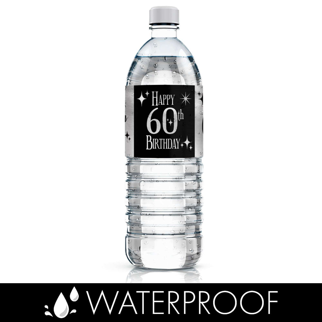 60th Birthday: Black and Silver - Adult Birthday -  Water Bottle Label Stickers - 24 Waterproof Stickers - Distinctivs Party