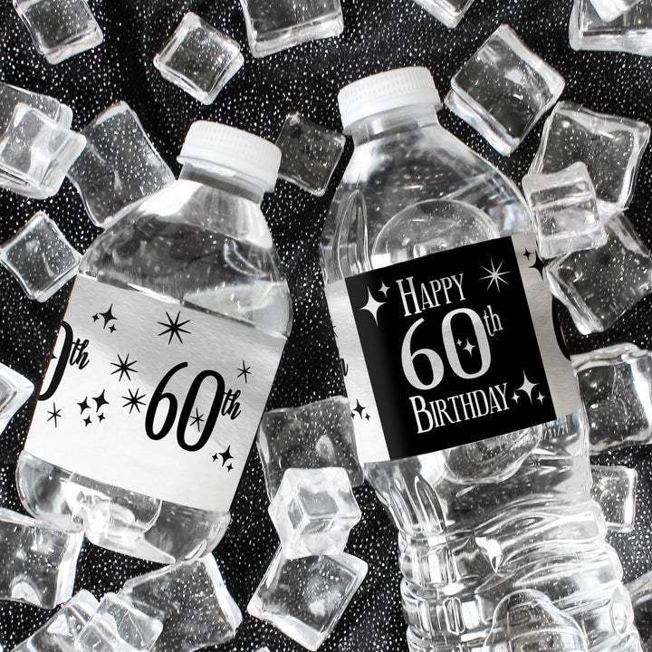 60th Birthday: Black and Silver - Adult Birthday -  Water Bottle Label Stickers - 24 Waterproof Stickers