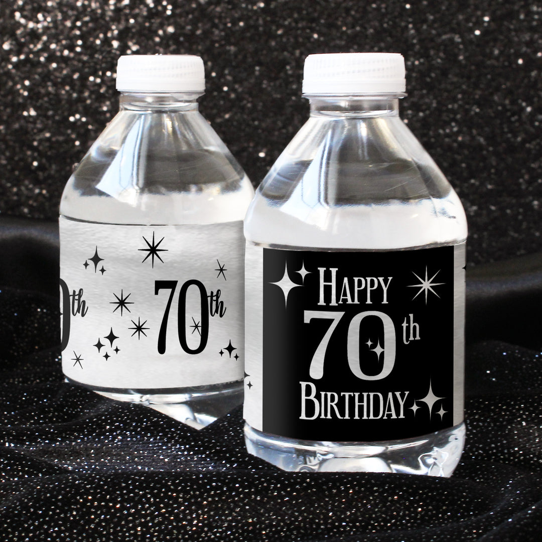 70.º cumpleaños: lámina brillante negra y plateada - Cumpleaños de adultos - Etiquetas adhesivas para botellas de agua - 24 pegatinas impermeables