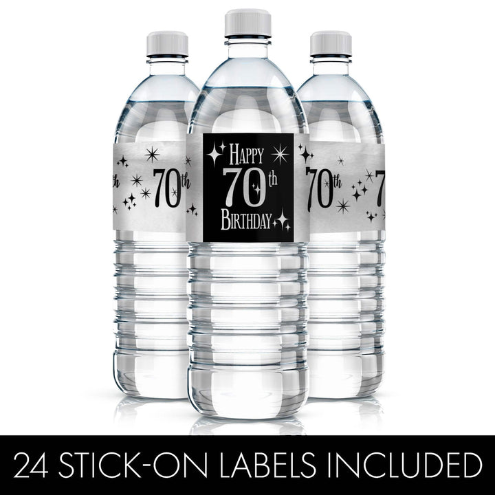 70th Birthday: Black and Silver Shiny Foil - Adult Birthday - Water Bottle Label Stickers - 24 Waterproof Stickers - Distinctivs Party