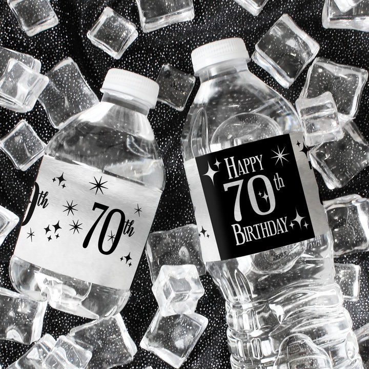70.º cumpleaños: lámina brillante negra y plateada - Cumpleaños de adultos - Etiquetas adhesivas para botellas de agua - 24 pegatinas impermeables
