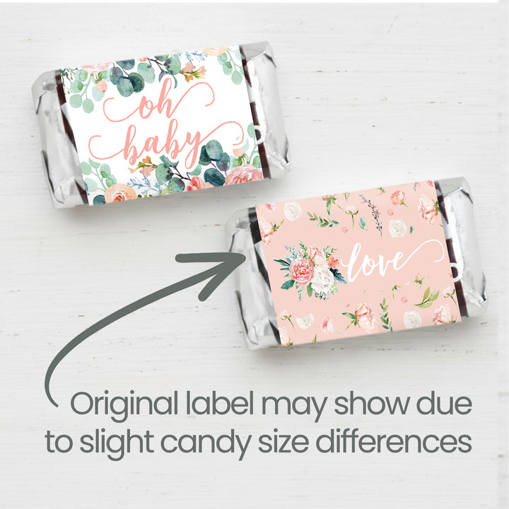 Pink Floral: Baby Shower Favor Mini Candy Bar Wrappers - Spring, Girl - 42 Stickers