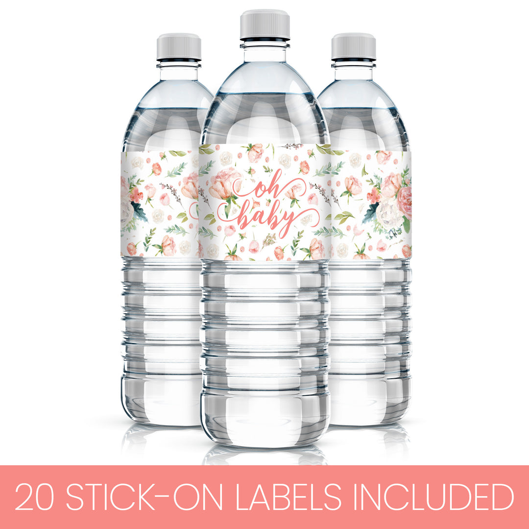 Pink Floral Baby: Shower Water Bottle Labels - Spring, Girl - 20 Stickers - Distinctivs Party