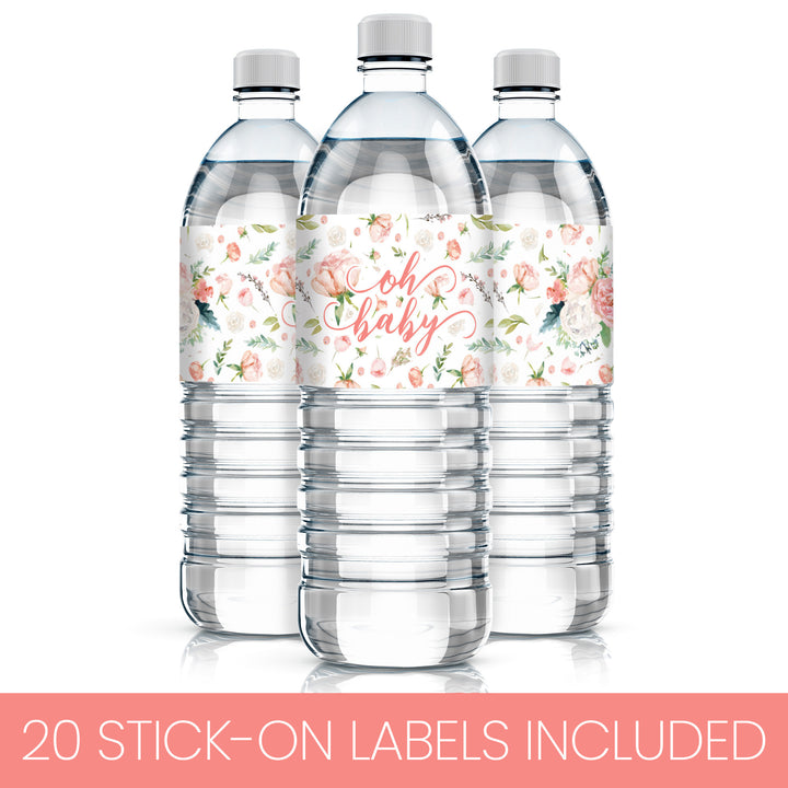 Pink Floral Baby: Shower Water Bottle Labels - Spring, Girl - 20 Stickers - Distinctivs Party