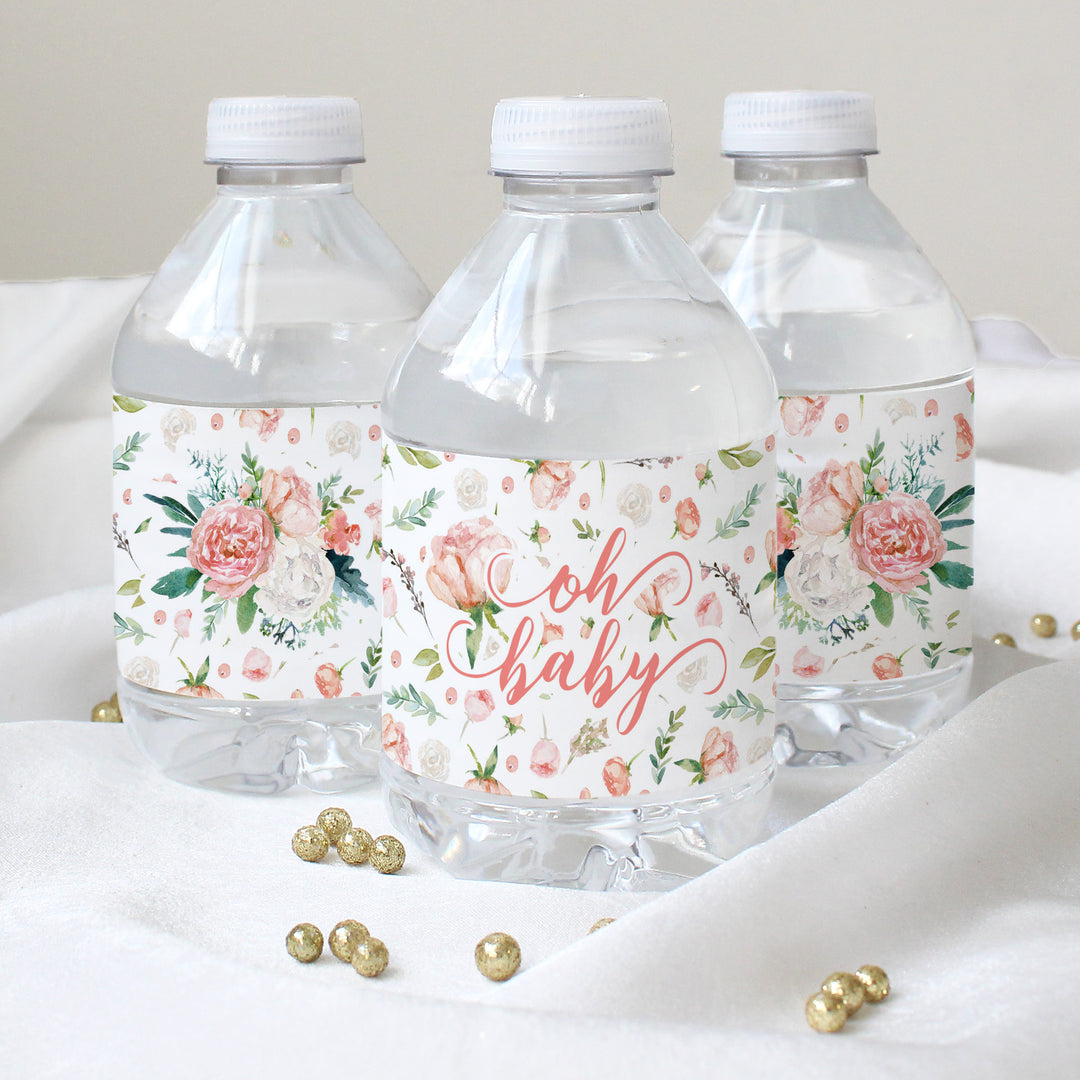 Bebé floral rosa: Etiquetas para botellas de agua de ducha - Primavera, Niña - 24 pegatinas