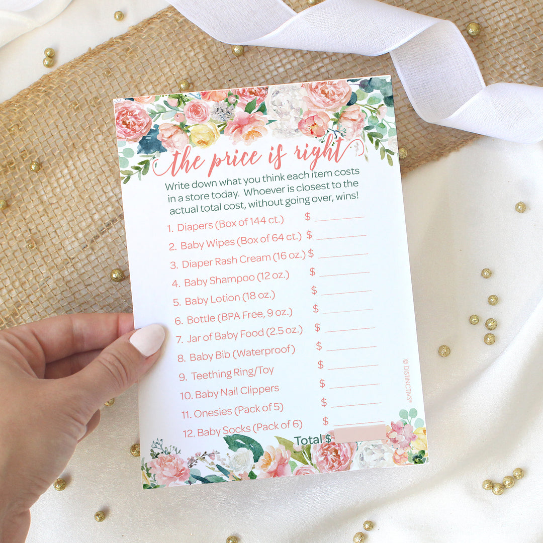 Pink Floral: Baby Shower Game - The Price is Right - Spring, Girl - 20 Game Cards