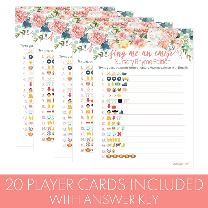 Pink Floral: Juego de baby shower - Adivina el emoji de la canción infantil - Primavera, niña - 20 cartas