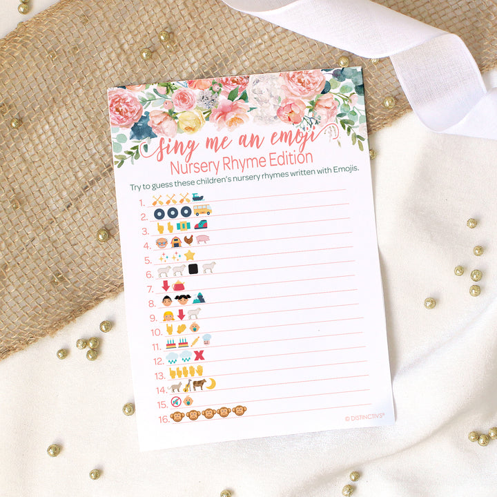 Pink Floral: Baby Shower Game - Guess the Nursery Rhyme Emoji - Spring, Girl - 20 Cards