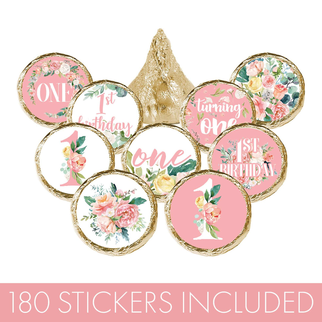 Pink Floral: First Birthday - Party Favor Stickers - Fits on Hershey's Kisses -  180 Stickers