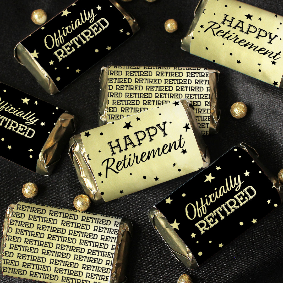 Retirement Party: Black and Gold Shiny Foil - Mini Candy Bar Wrappers - 45 Stickers