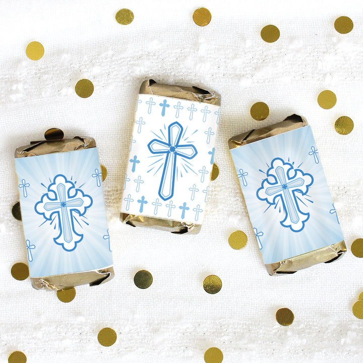 Bautismo: Cruz Azul - Mini envoltorios para barra de dulces - Se adapta a miniaturas Hershey® - 45 pegatinas