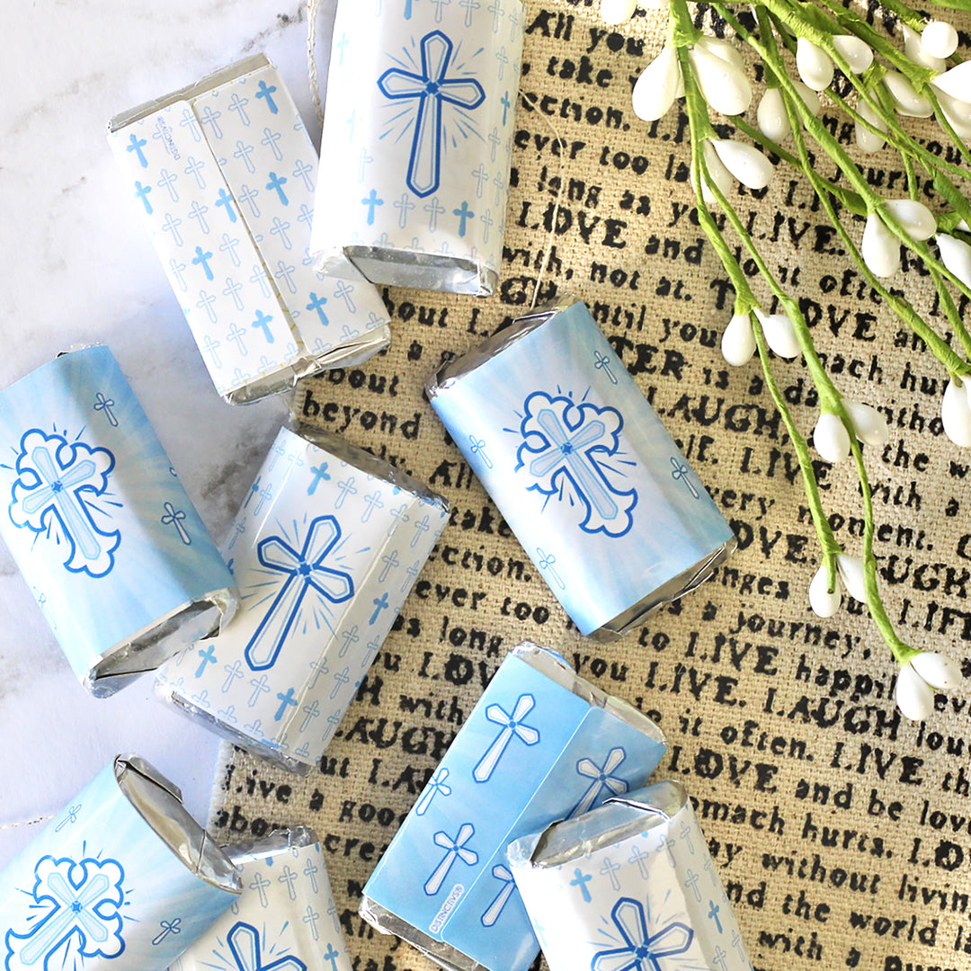 Baptism: Blue Cross -  Mini Candy Bar Wrappers - Fits on Hershey® Miniatures - 45 Stickers