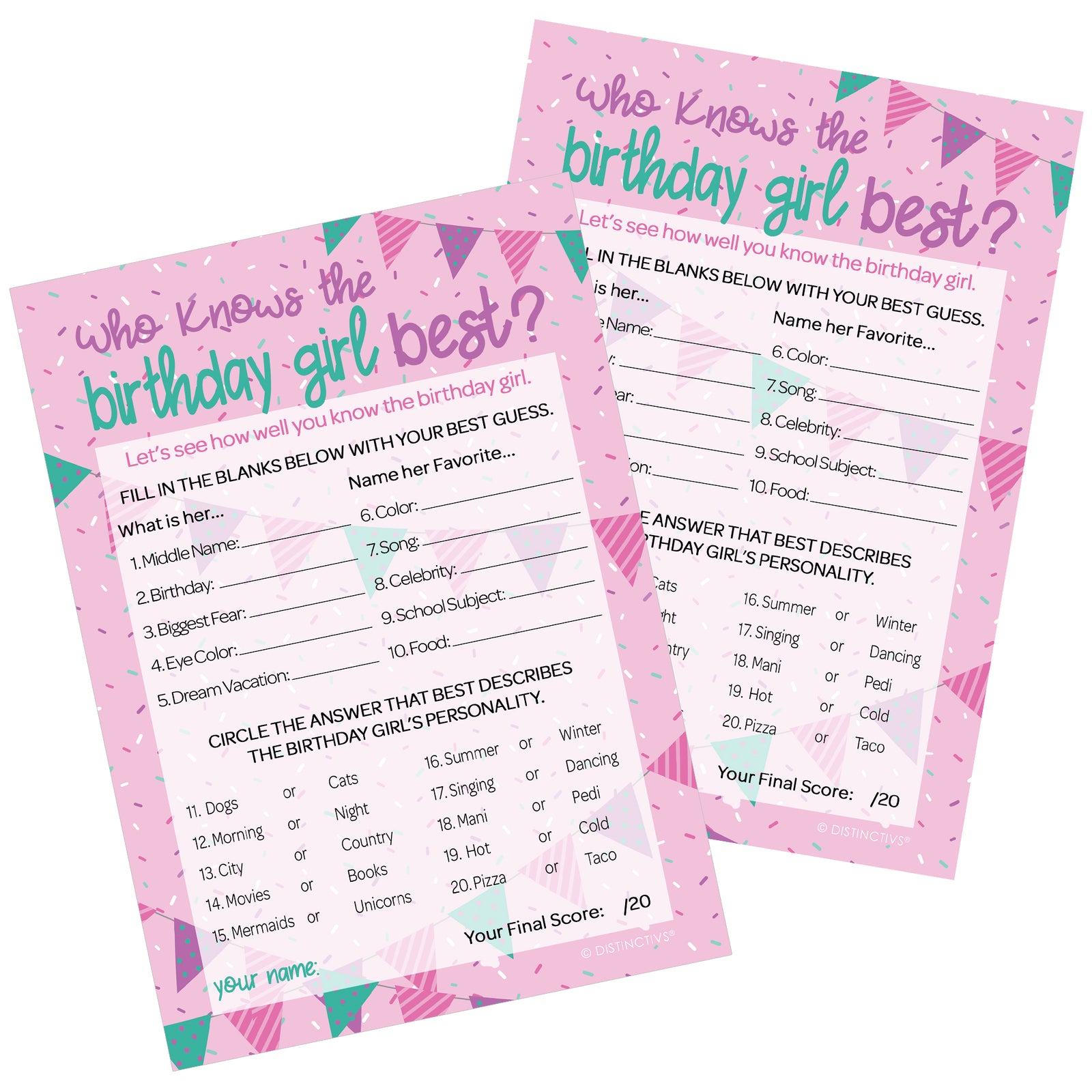 Pink and Purple: Kid's Birthday - Who Knows The Birthday Girl Best Party Game - 10 Game Cards - Distinctivs Party