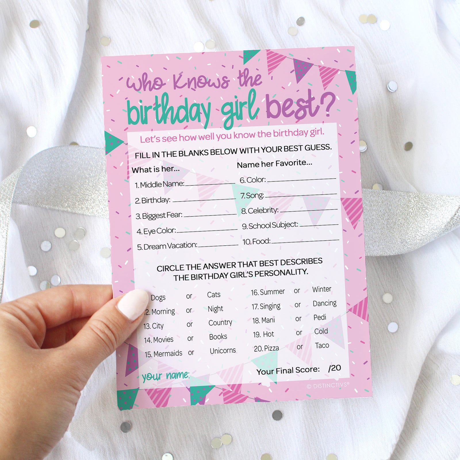 Pink and Purple: Kid's Birthday - Who Knows The Birthday Girl Best Party Game - 10 Game Cards - Distinctivs Party