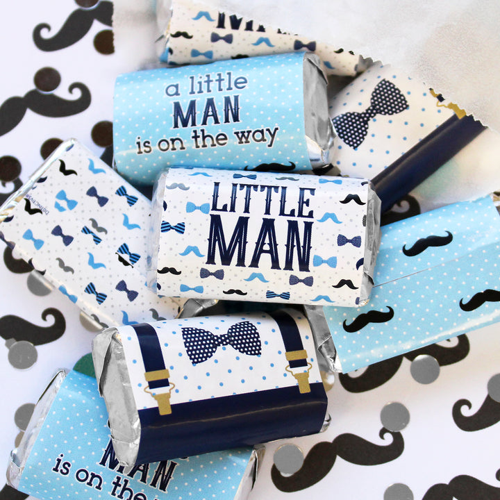Little Man: Baby Shower - Mini pegatinas para barra de caramelo - Niño, pajarita - 45 pegatinas
