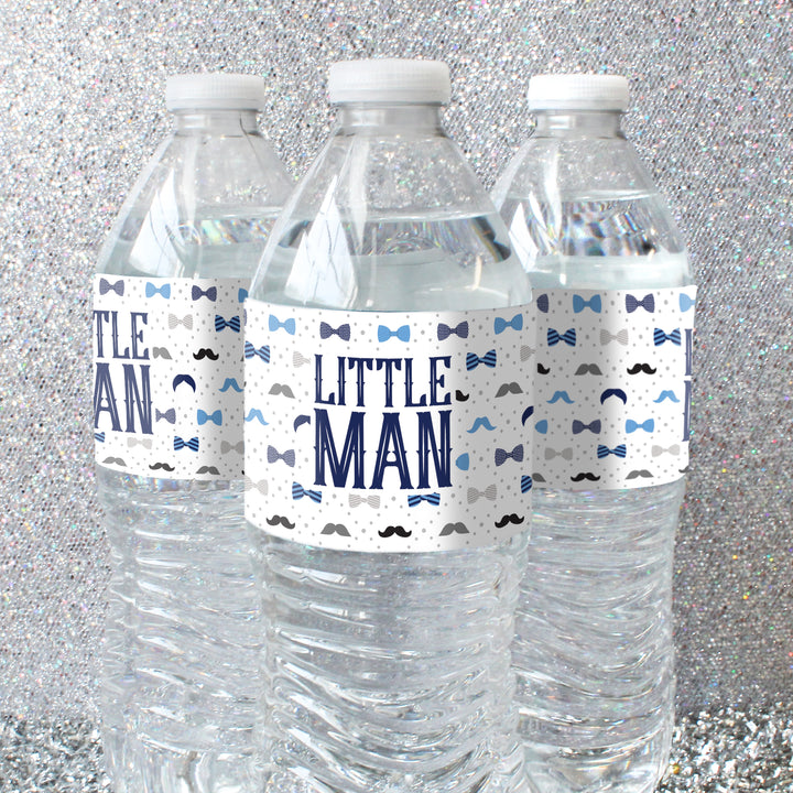 Little Man: Baby Shower - Etiquetas para botellas de agua - Niño, pajarita - 24 pegatinas impermeables