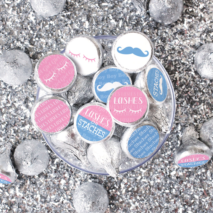 Gender Reveal Party: Lashes or Staches - Team Boy or Girl Baby Shower Stickers - Fit on Hershey® Kisses - 180 Stickers