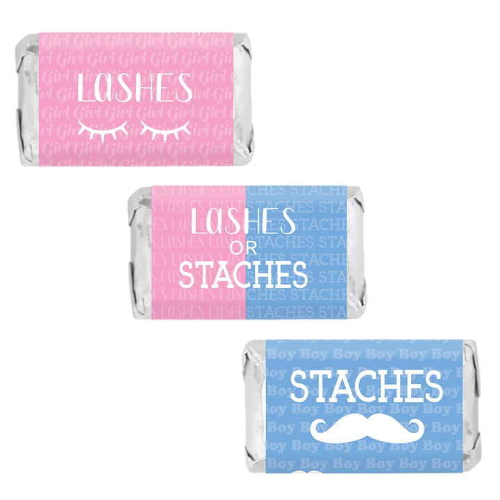 Fiesta de revelación de género: Pestañas o Staches - Calcomanías para baby shower de equipo para niño o niña - Mini calcomanías para barra de dulces - Se ajustan a miniaturas de Hershey® - 45 calcomanías