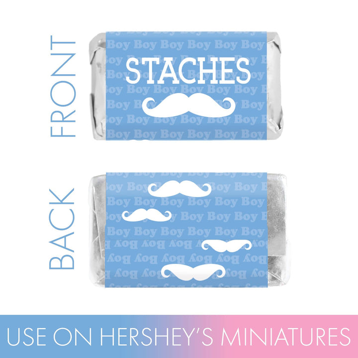 Fiesta de revelación de género: Pestañas o Staches - Calcomanías para baby shower de equipo para niño o niña - Mini calcomanías para barra de dulces - Se ajustan a miniaturas de Hershey® - 45 calcomanías