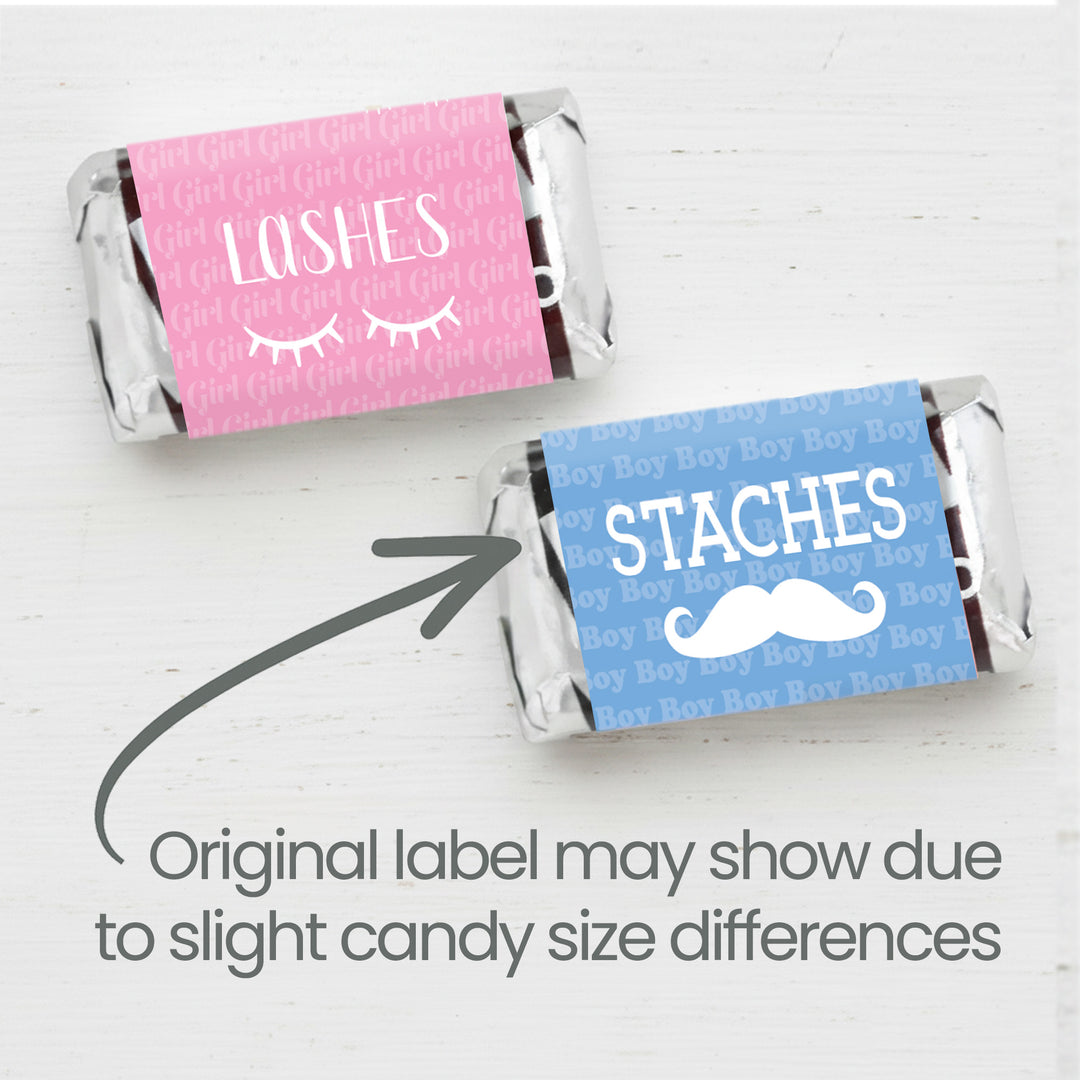 Fiesta de revelación de género: Pestañas o Staches - Calcomanías para baby shower de equipo para niño o niña - Mini calcomanías para barra de dulces - Se ajustan a miniaturas de Hershey® - 45 calcomanías