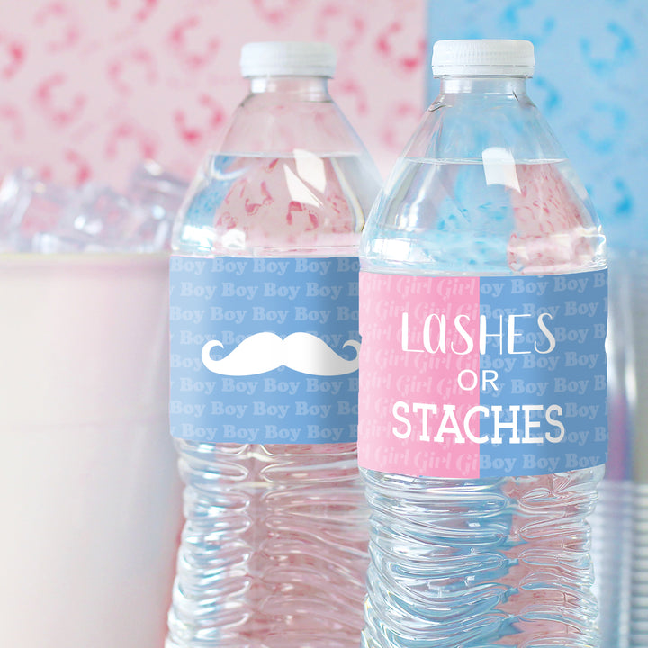 Gender Reveal Party: Lashes or Staches - Team Boy or Girl Baby Shower Stickers - Water Bottle Labels - 24 Waterproof Stickers