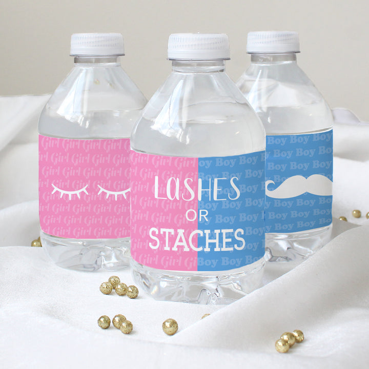 Fiesta de revelación de género: pestañas o staches - pegatinas para baby shower de equipo para niño o niña - etiquetas para botellas de agua - 24 pegatinas impermeables