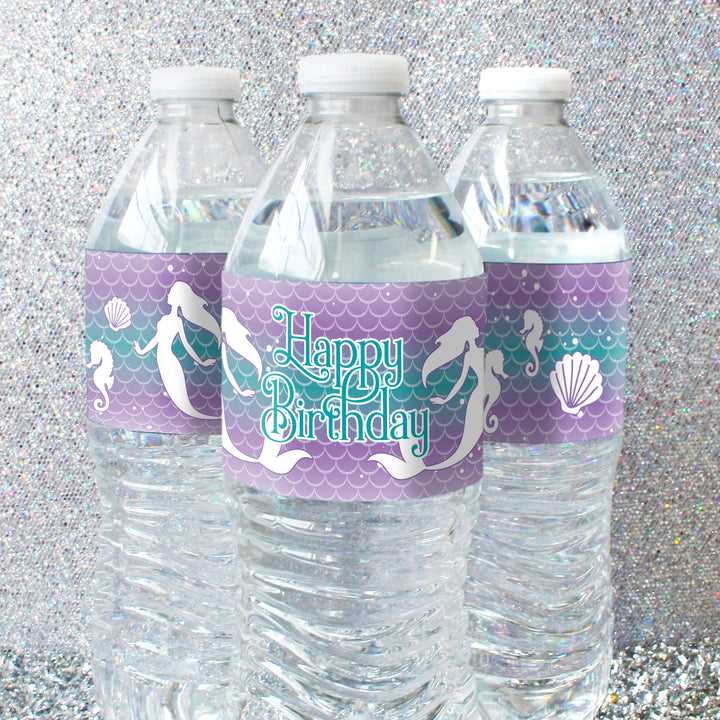 Sirena: Party Your Tail Off - Cumpleaños infantil - Etiquetas para botellas de agua - 24 pegatinas