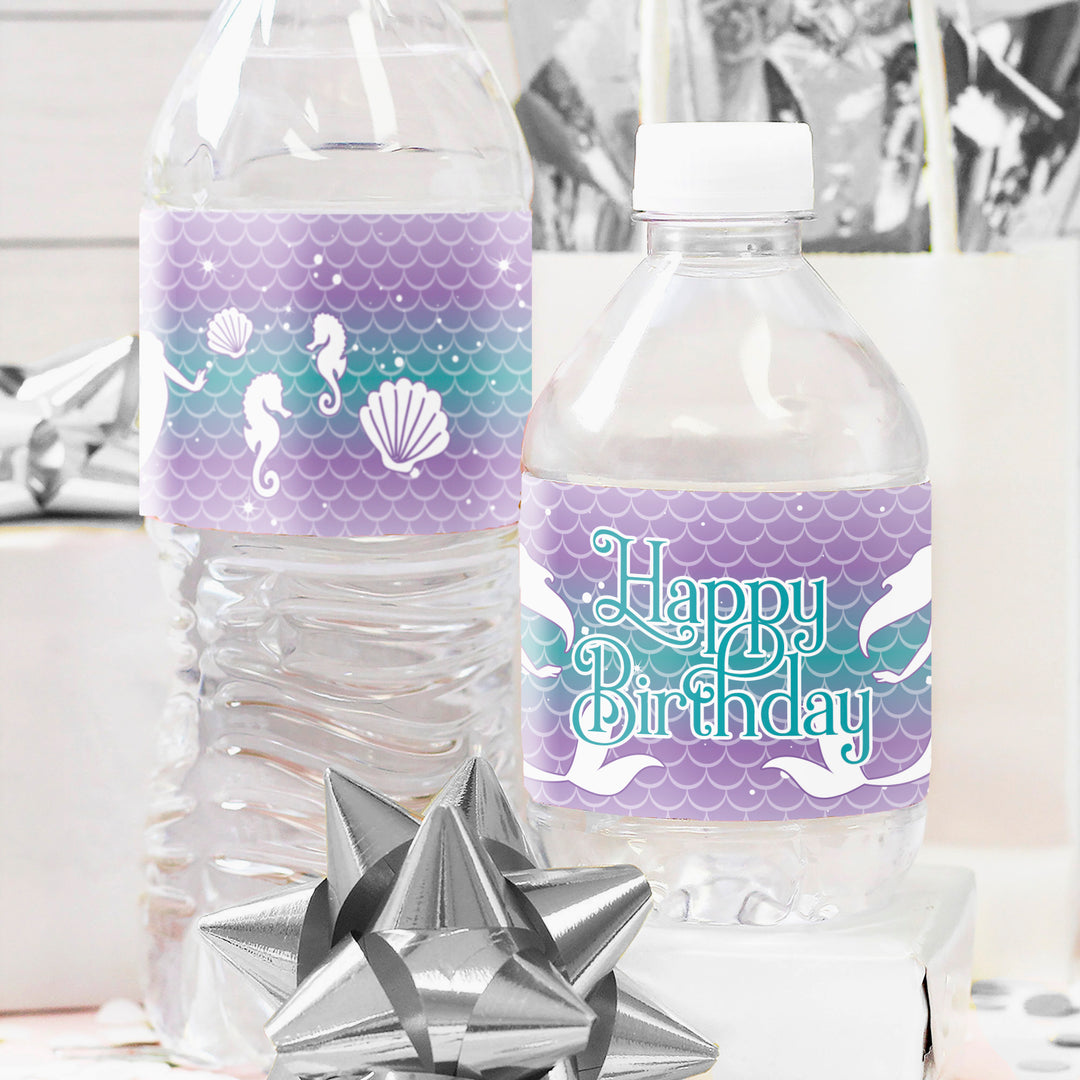 Sirena: Party Your Tail Off - Cumpleaños infantil - Etiquetas para botellas de agua - 24 pegatinas