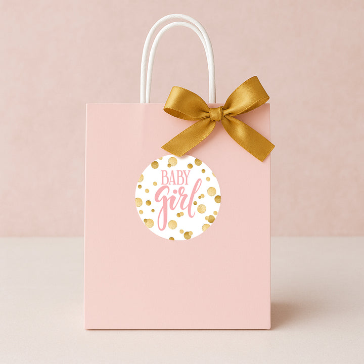 Gold Confetti: Pink - It's a Girl Baby Shower Circle Label Stickers - 40 Stickers