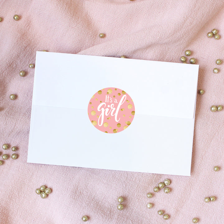 Gold Confetti: Pink - It's a Girl Baby Shower Circle Label Stickers - 40 Stickers