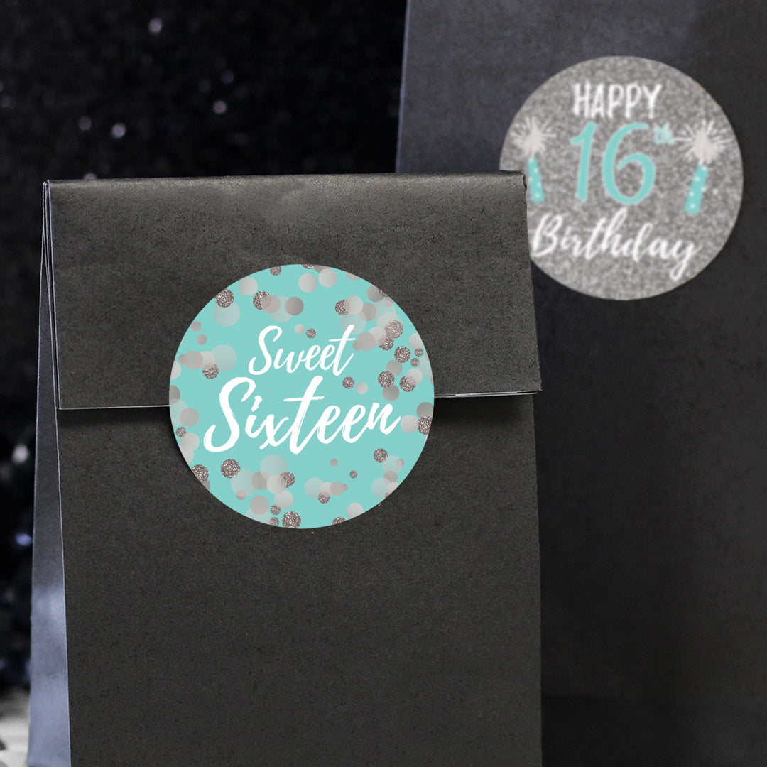 Dulces 16: Verde azulado y plateado - Pegatinas para regalos de fiesta de cumpleaños - 40 pegatinas