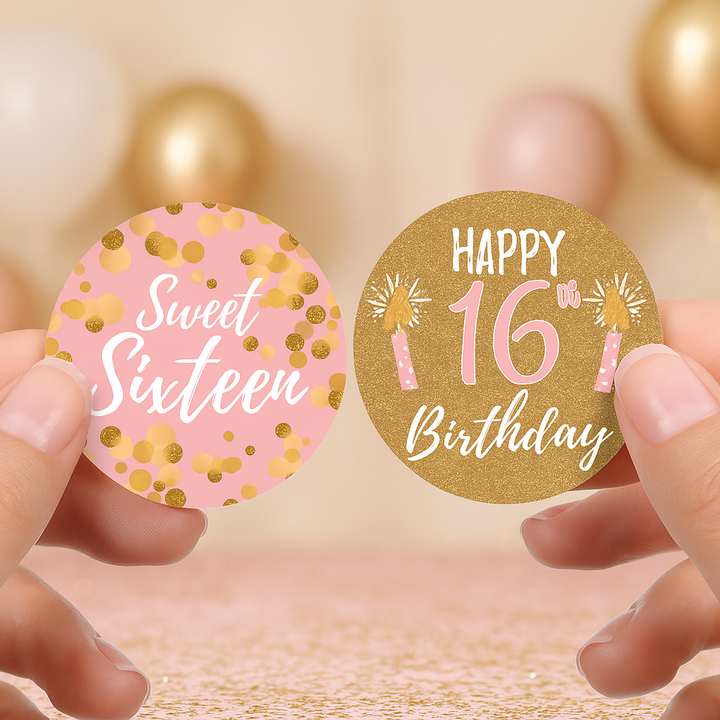 Dulces 16: Rosa y Dorado - Pegatinas para recuerdos de fiesta de cumpleaños - 40 pegatinas