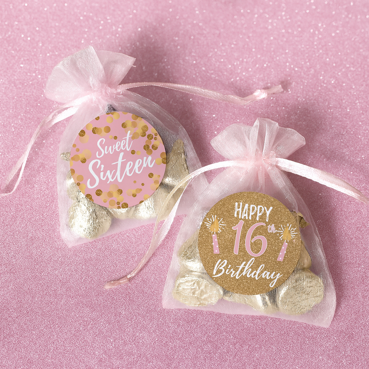 Dulces 16: Rosa y Dorado - Pegatinas para recuerdos de fiesta de cumpleaños - 40 pegatinas
