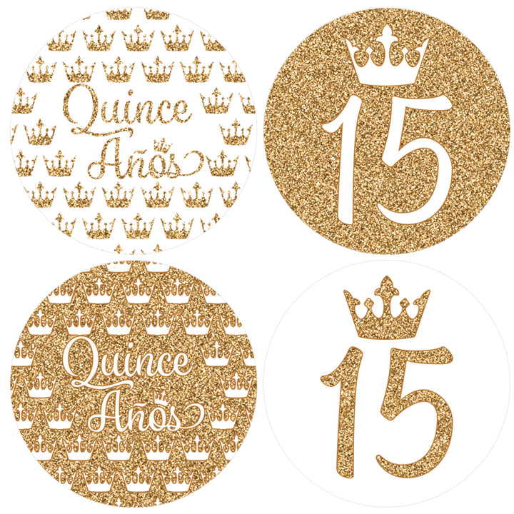 Quinceañera: Blanco y Dorado - Sparkling Mis Quince 15th Birthday - Pegatinas para recuerdos de fiesta - 40 pegatinas