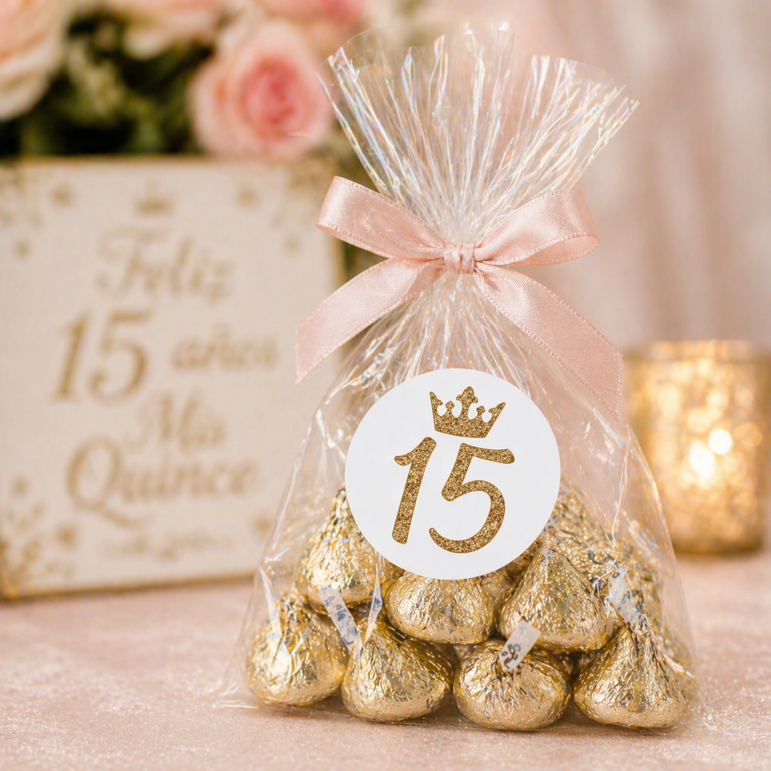 Quinceañera: White & Gold - Sparkling Mis Quince 15th Birthday - Party Favor Stickers - 40 Stickers
