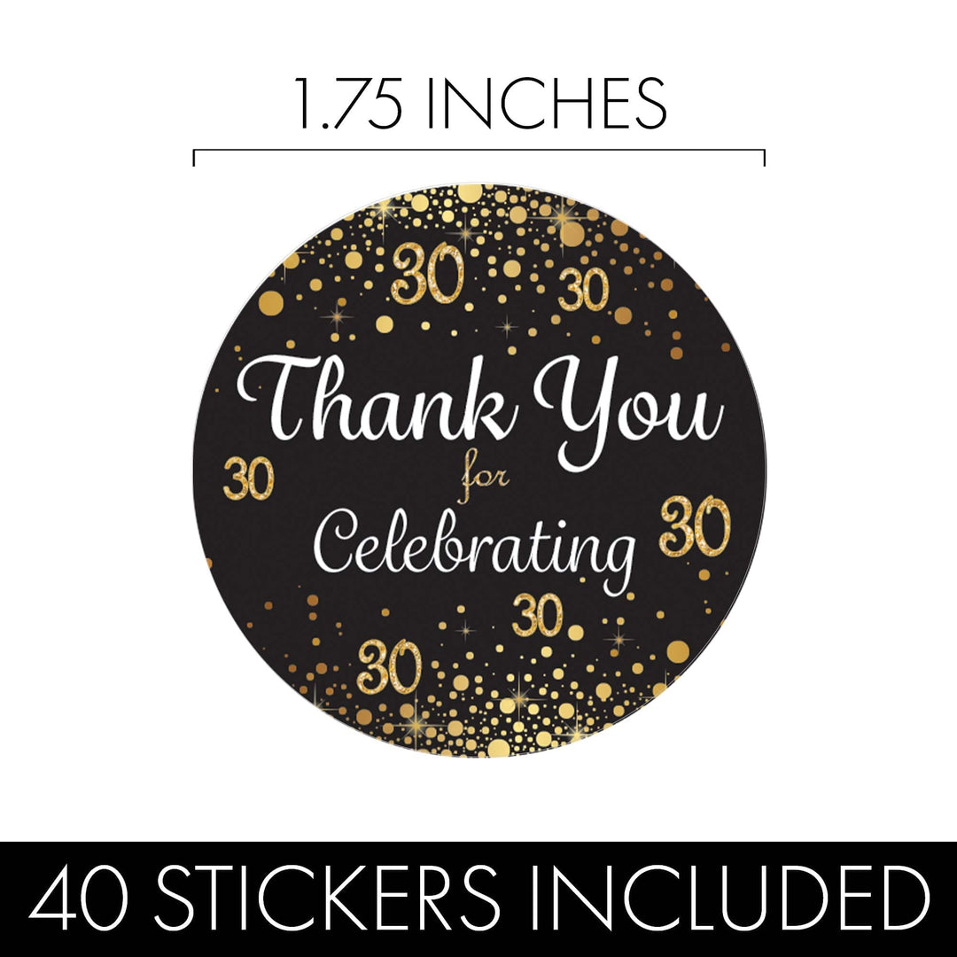 30th Birthday: Black & Gold - Adult Birthday - Thank You Stickers - 40 Stickers - Distinctivs Party