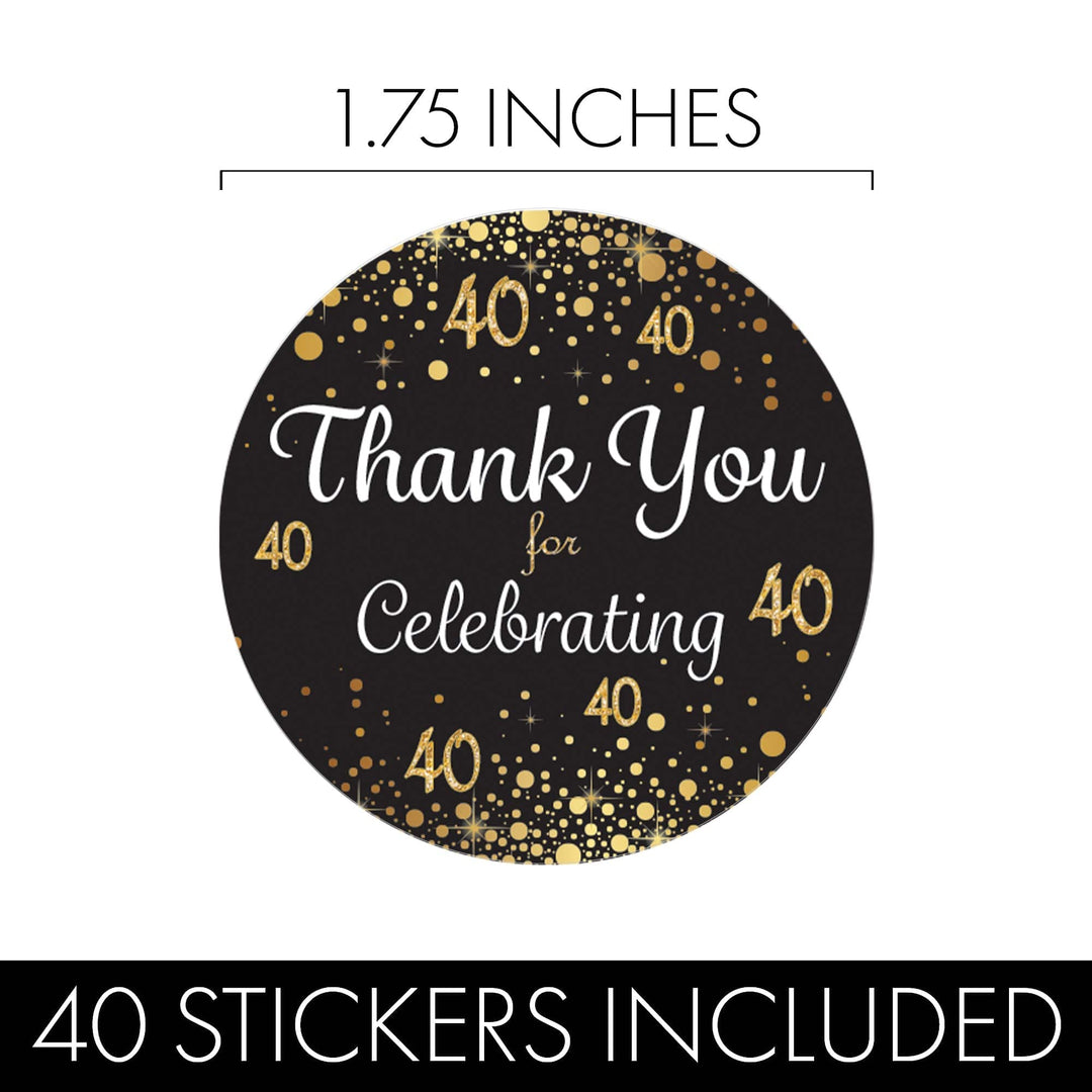 40th Birthday: Black & Gold - Adult Birthday -  Thank You Stickers - 40 Stickers - Distinctivs Party