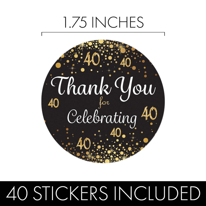 40th Birthday: Black & Gold - Adult Birthday -  Thank You Stickers - 40 Stickers - Distinctivs Party