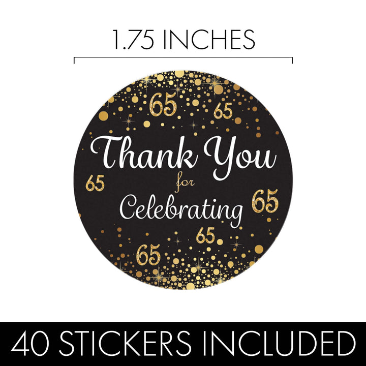 65th Birthday: Black & Gold - Adult Birthday - Thank You Stickers - 40 Stickers - Distinctivs Party