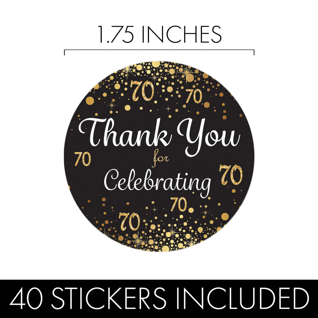 70th Birthday: Black & Gold - Adult Birthday - Thank You Stickers - 40 Stickers - Distinctivs Party