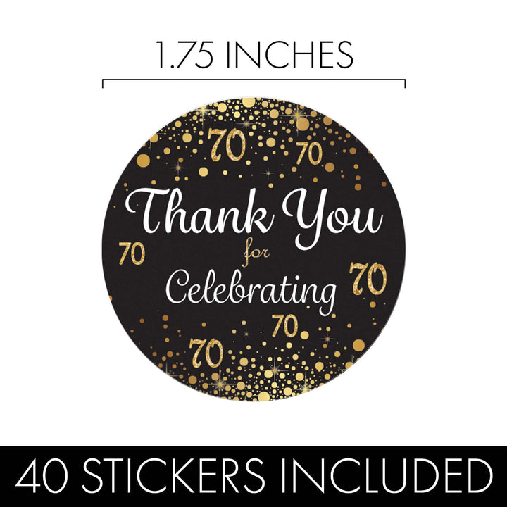 70th Birthday: Black & Gold - Adult Birthday - Thank You Stickers - 40 Stickers - Distinctivs Party