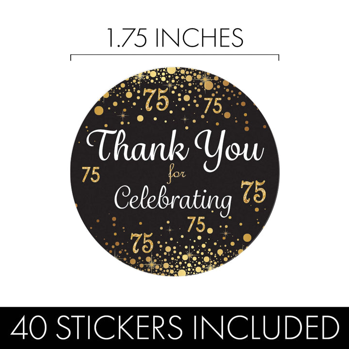 75th Birthday: Black & Gold - Adult Birthday - Thank You Stickers - 40 Stickers - Distinctivs Party