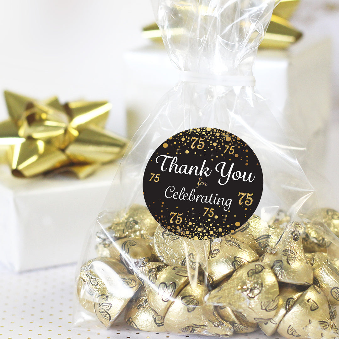 75th Birthday: Black & Gold - Adult Birthday - Thank You Stickers - 40 Stickers