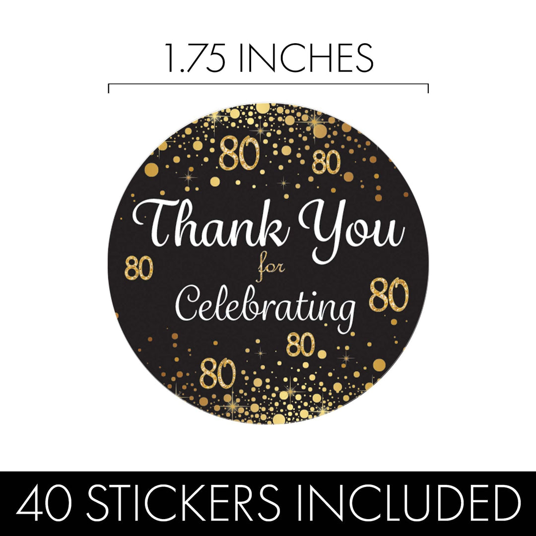 80th Birthday: Black & Gold - Adult Birthday -  Thank You Stickers - 40 Stickers - Distinctivs Party